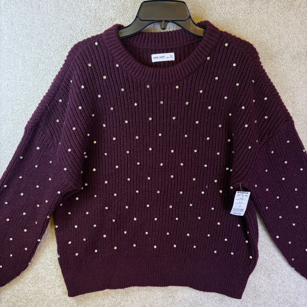 Nine West Sweater Women XXL Purple Rhinestone Embellished Ribbed Chunky Knit NEW